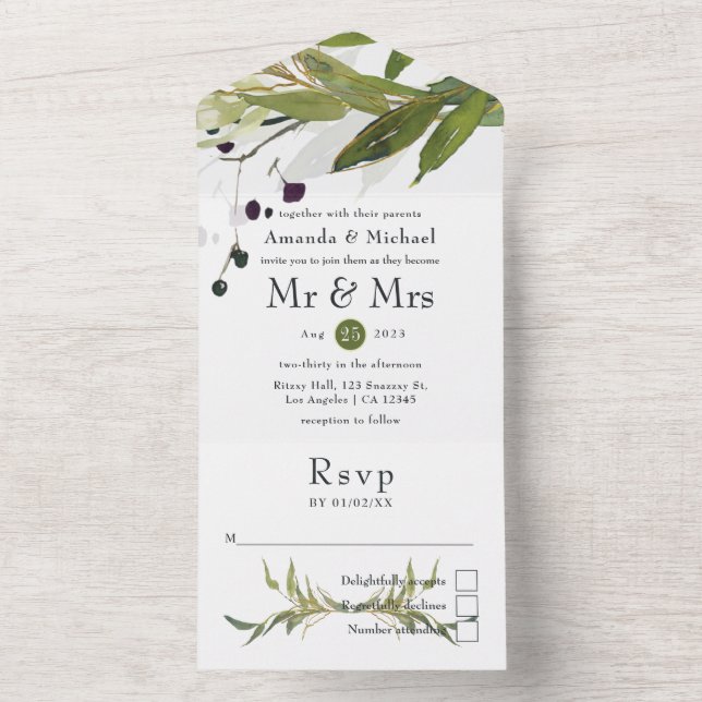 Grüne Hochzeit der Wasserfarbe All In One Einladung (Innen Boden)