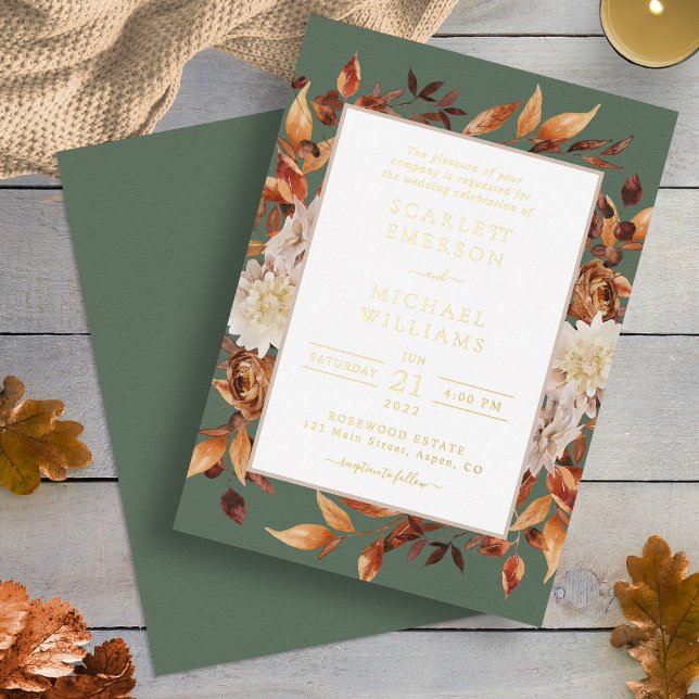 Grüne Hochzeit im Herbst Folieneinladung (Elegant Autumn Sage Green Floral Wedding Foil Invitation by Painted Paperie
)