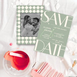 Grüne Hochzeit im Retro-Minimal-Prüfmuster Save The Date