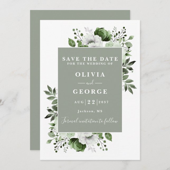 Grüne Hochzeit mit moderner Wasserfarbe Save The Date (Vorne/Hinten)