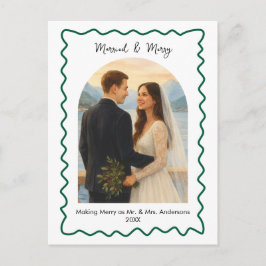 Grüne Hochzeit und fröhliche erste Weihnachtsfoto Feiertagspostkarte
