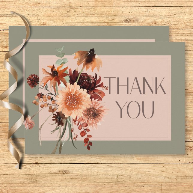 Grüne Hochzeit von Boho Rust & Neutral Fall Dankeskarte (Boho Rust & Neutral Fall Floral Sage Green Wedding Thank You Card)