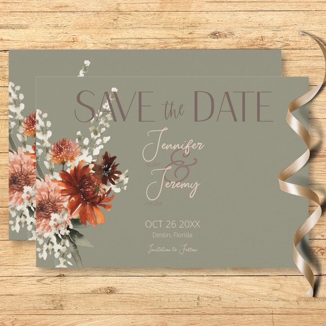 Grüne Hochzeit von Boho Rust & Neutral Fall Save The Date (Boho Rust & Neutral Fall Floral Sage Green Wedding Save The Date Card)