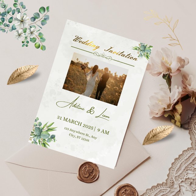Grüne Hochzeitseinladung mit festem Goldtitel Save The Date (Green Wedding Invitation)