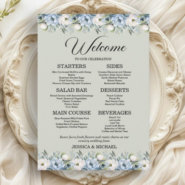 Grüne Hochzeitsempfehlung von Dusty Blue Floral Sa Menükarte (Dusty blue and white watercolor floral on sage green 5"x7" wedding menu)