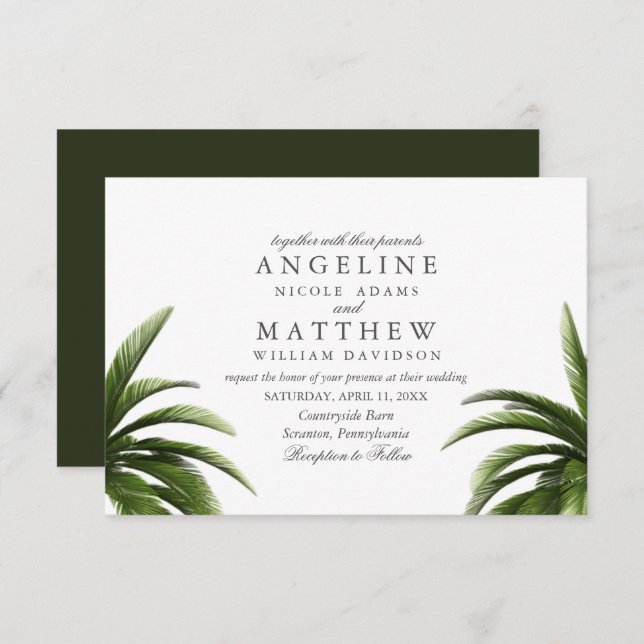 Grüne Hochzeitskarte des tropischen Palmenbaums Einladung (Vorne/Hinten)