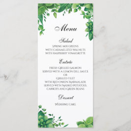 Grüne Hochzeitskarte draußen. Speisekarte Menükarte