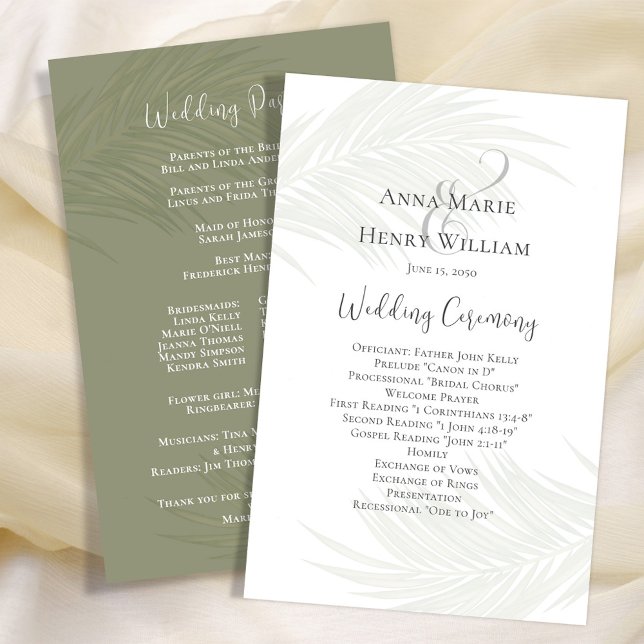Grüne Hochzeitsprogramm Elegante Palm Blätter (Elegant Wedding Program template with tropical green palm leaves. )