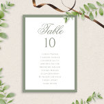 Grüne Hochzeitstabelle für formale klassische Seit Tischnummer<br><div class="desc">Die formale Classic Sage Green Wedding Seating Chart Tischnummer fügt Ihrem Empfang eine elegante Touch hinzu. Mit einem zeitlosen,  schlängelgrünen Design mit klassischem Skript,  hilft es den Gästen,  ihre Sitzplätze stilvoll zu finden. Ideal für Hochzeiten im Frühling und im Sommer!</div>