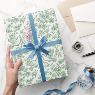 Grüne Hochzeitstauben mit Bändern und Blumen Geschenkpapier