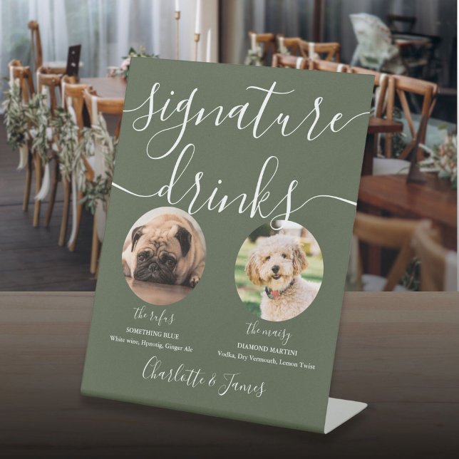 Grüne Hochzeitstorte Unterschrift Drinks Sockelschild (Olive Green Wedding Pet Dog Signature Drinks Pedestal Sign)