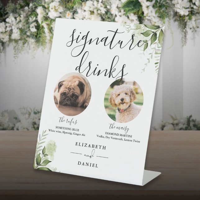 Grüne Hochzeitstorte Unterschrift Drinks Sockelschild (Greenery Wedding Pet Dog Signature Drinks Pedestal Sign)