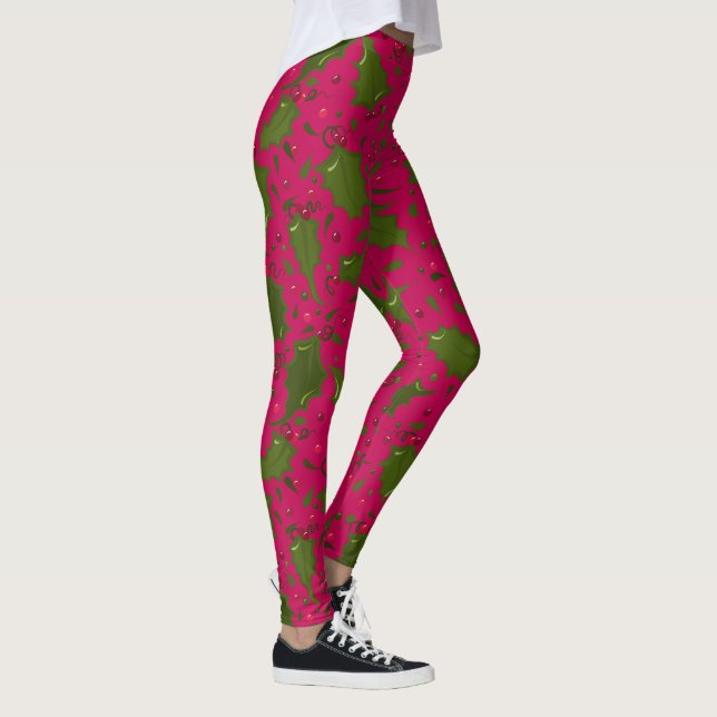 Grüne Holly-Blätter und Berries auf Rosa Leggings (Rechts)