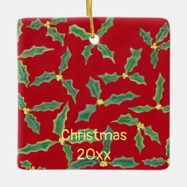 Grüne Holly-Gelbe Blumen Weihnachtsschmuck (Vorderseite)