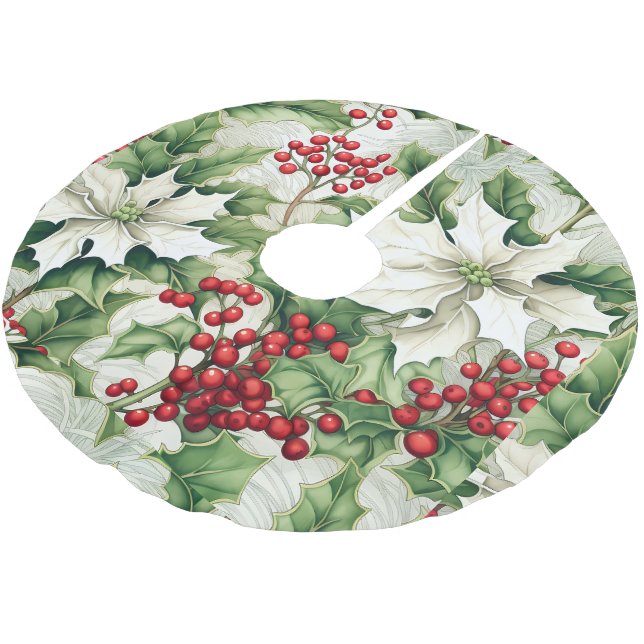 Grüne Holly Red Berries Weihnachtsbaumdecke (Schrägansicht)