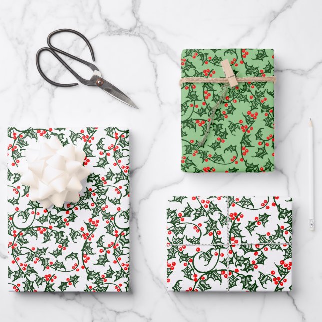Grüne Holy mit rotem Berries Rustikales Wrapping P Geschenkpapier Set (Vorderseite)