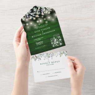 Grüne Holz-Blumen-Lichterkette Monogramm-Hochzeit All In One Einladung