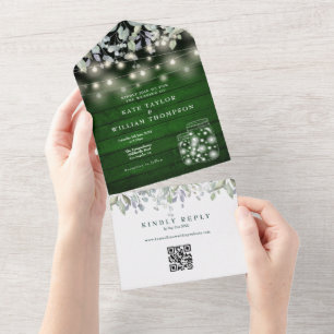Grüne Holz-Blumen-Lichterkette QR-Code Hochzeit All In One Einladung