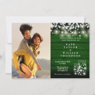 Grüne Holz-Lichterketten-Gläser Florale Hochzeits- Einladung