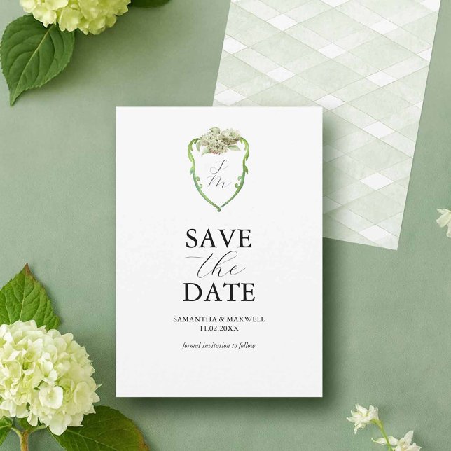 Grüne Hortensien Hochzeitsmonogramm Save The Dates Date (Green and white wedding hydrangea Save The Dates by Victoria Grigaliunas Do Tell A Belle)