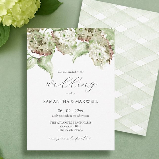 Grüne Hortensien-lose Hochzeitseinladung Einladung (Informal wedding invitations watercolor green hydrangeas by Victoria Grigaliunas of Do Tell A Belle)
