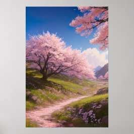 Grüne Hügel und Cherry-Blossom-Pfad Poster