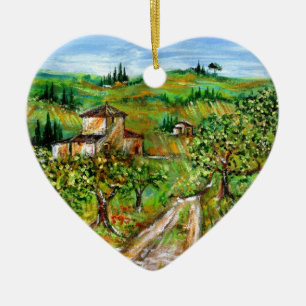 GRÜNE HÜLLEN UND OLIVENBÄUME IN DER TUSKANISCHE KERAMIKORNAMENT
