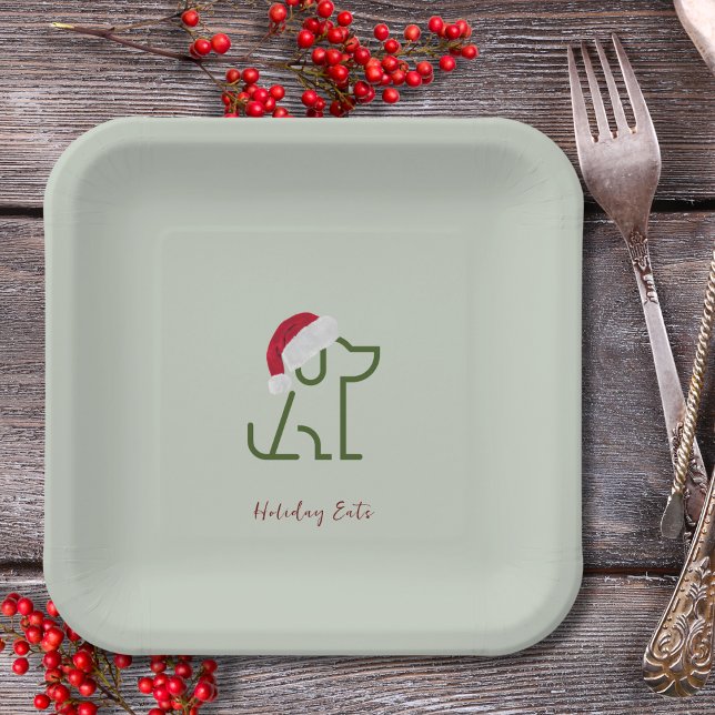 Grüne Hunde-Kontur mit Weihnachtsmannmütze Pappteller (Throwing a holiday party? Matching cups, napkins, and  plates are perfect a perfectly festive!!)