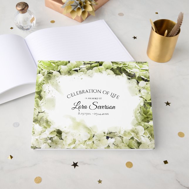 Grüne Hydrangea-Feier zum Gedenken an das Leben Gästebuch (Vorderseite Offen)