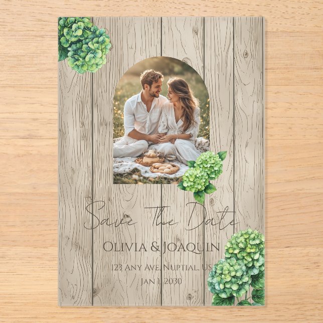 Grüne Hydrangea-Hochzeitseinladung Acryleinladungen (Vorderseite)