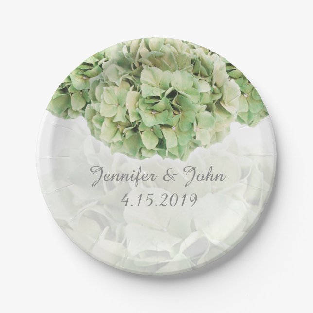 Grüne Hydrangea-Hochzeitszettel Pappteller (Vorderseite)