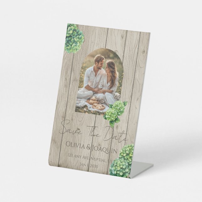 Grüne Hydrangeen-Hochzeitseinladung Sockelschild (Vorderseite)