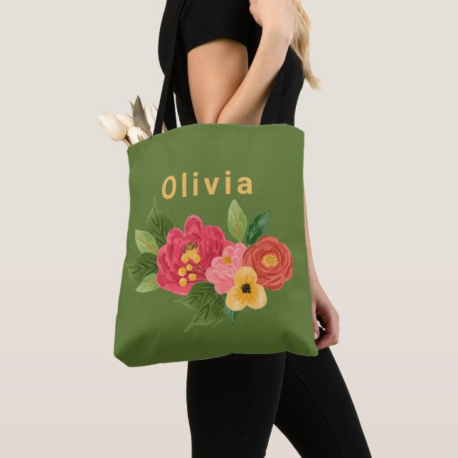 Grüne illustrierte Blumen-Tragetasche (Von Nahem)