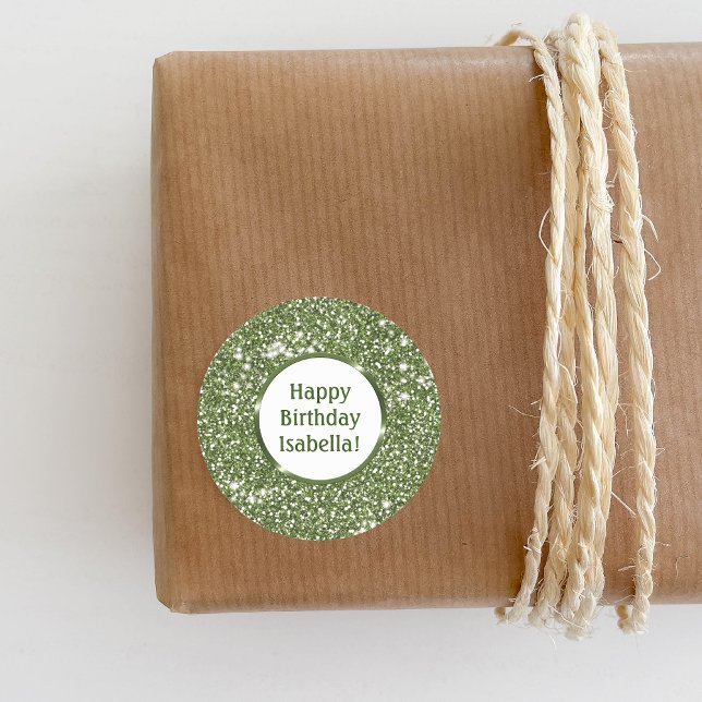 Grüne Imitate Glitzer Texture Custom Happy Geburts Runder Aufkleber (Ideal for decorating birthday presents or party favors, for example.)