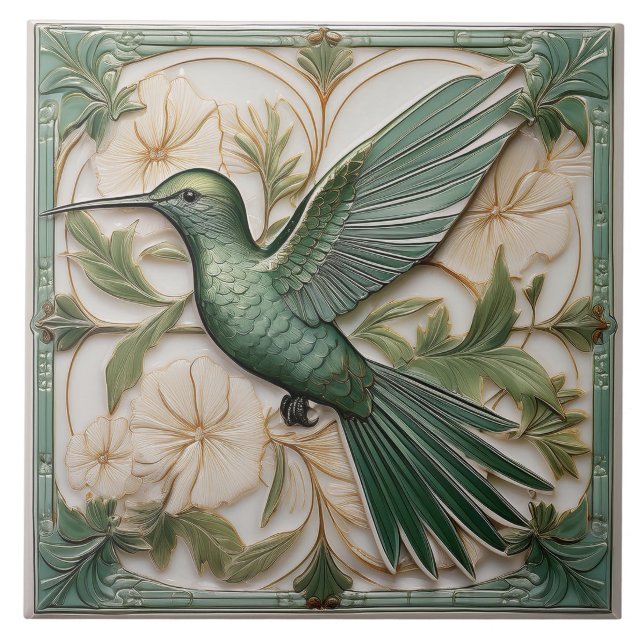 Grüne Imitate im Jugendstil Hummingbird Fliese (Vorderseite)