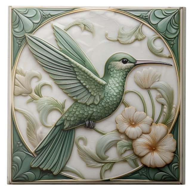 Grüne Imitate im Jugendstil Hummingbird Fliese (Vorderseite)