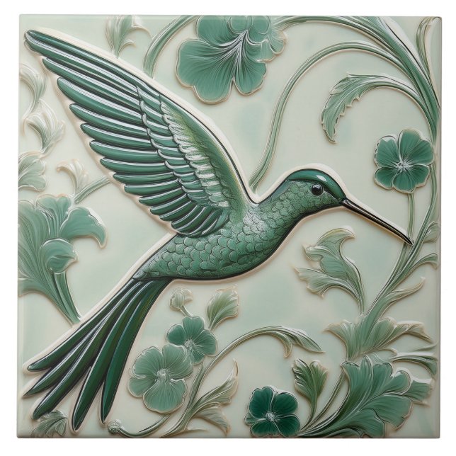 Grüne Imitate im Jugendstil Hummingbird R Fliese (Vorderseite)