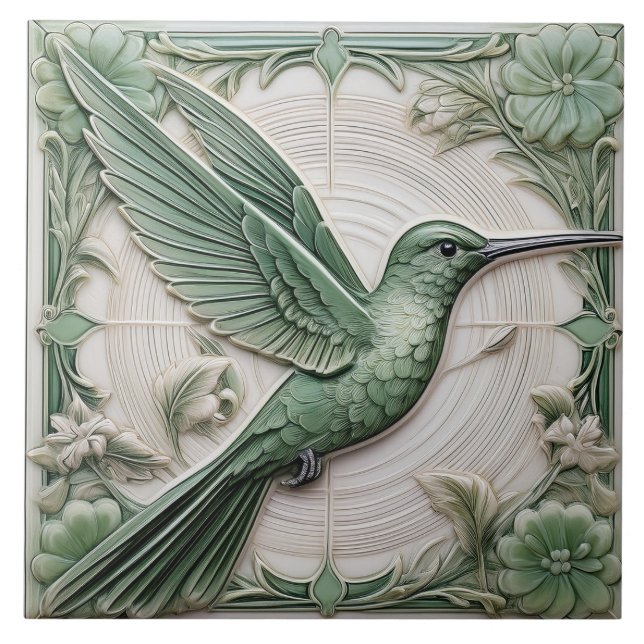 Grüne Imitate im Jugendstil Hummingbird R Fliese (Vorderseite)