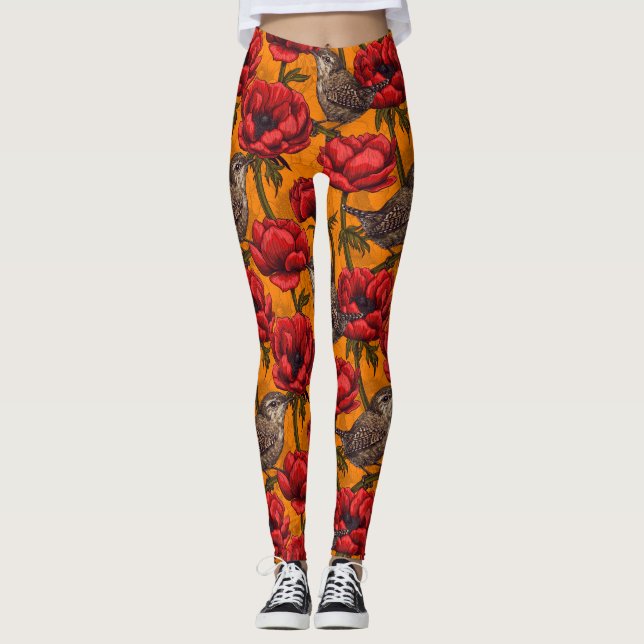 Grüne in einem roten Anemonengarten Leggings (Vorderseite)