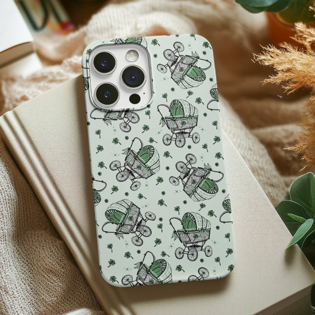 Grüne irische Vintage Babytragebärmutter Case-Mate iPhone Hülle (Elegant Green Irish / St Patrick's Day Baby Shower Vintage Baby Carriage & Lucky Green Shamrocks.)
