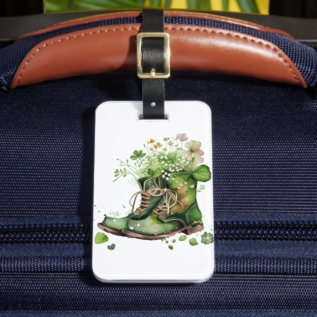 GRÜNE IRISH ARBEITSBOOTE MIT KLEEBLATTS BLUME GEPÄCKANHÄNGER (Vorderseite Insitu 2)