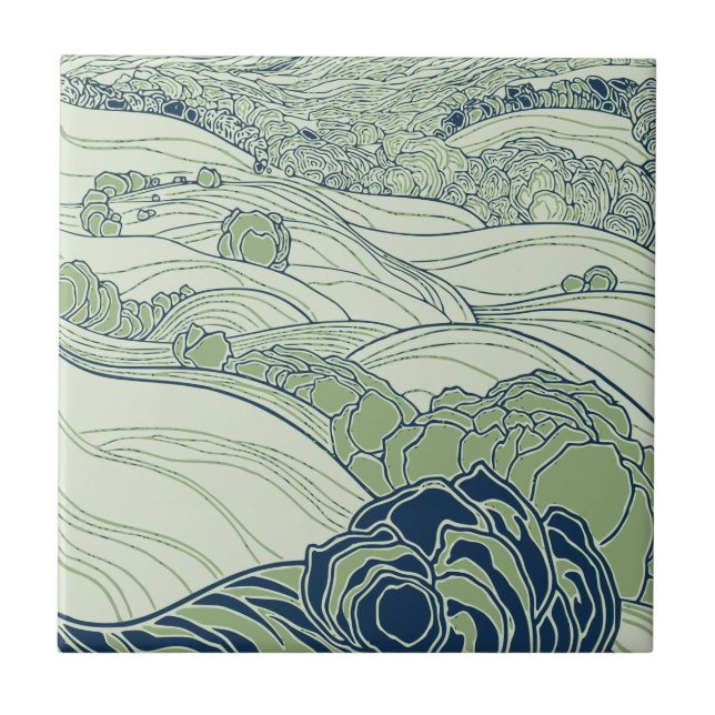 Grüne Jugendstil-Rolling Hills Landschaftsfelder Fliese (Vorderseite)