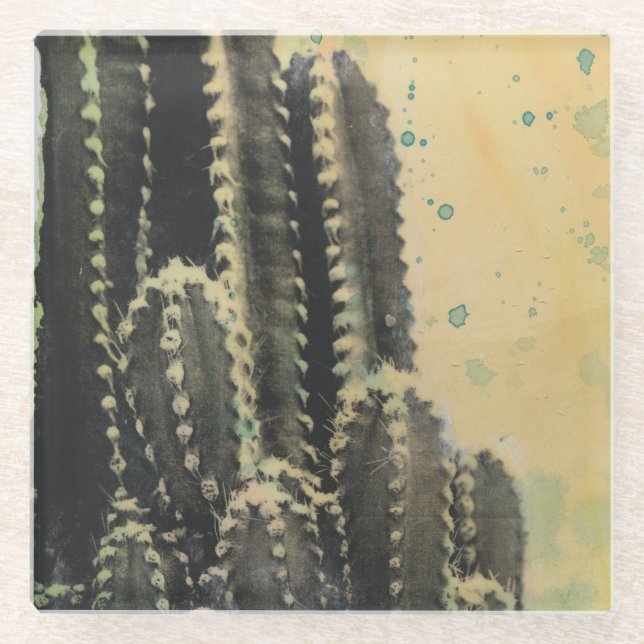 Grüne Kaktus auf gelbem Hintergrund Glasuntersetzer (Vorderseite)