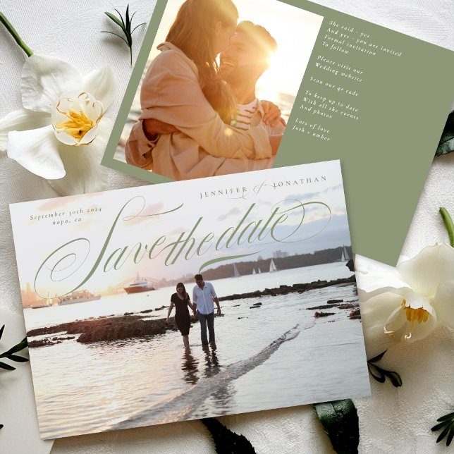 Grüne Kalligrafie Klassischer QR-Code Zwei Foto Save The Date (Von Creator hochgeladen)