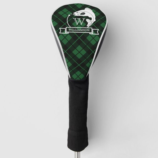 Grüne Karierte Fische und Haken Monogramm Golf Headcover (Vorderseite)