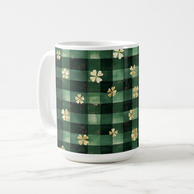 Grüne Karierte Goldene Kleeblätter St. Patricks Ta Kaffeetasse (Vorderseite Links)