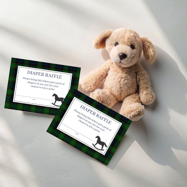 Grüne karierte Rockpferdungraffinerie Begleitkarte (Emerald Green plaid rocking horse classic polo baby shower diaper raffle enclosure cards)