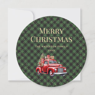 Grüne Karierte Weihnachtskarte mit rotem LKW Frohe Feiertagskarte