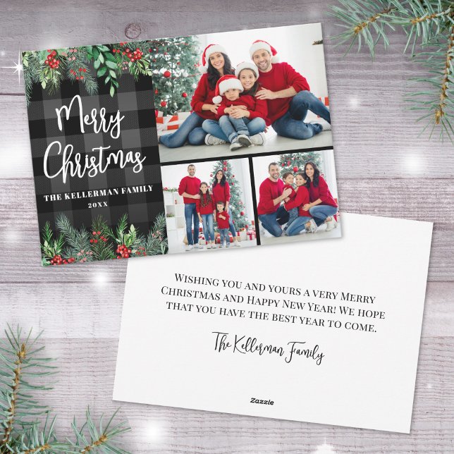 Grüne Karo Foto Weihnachten (Greenery Plaid Photo Collage Merry Christmas Holiday Card)