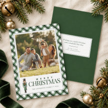 Grüne Karo-Nussknacker-Familienfoto-Weihnachtskart